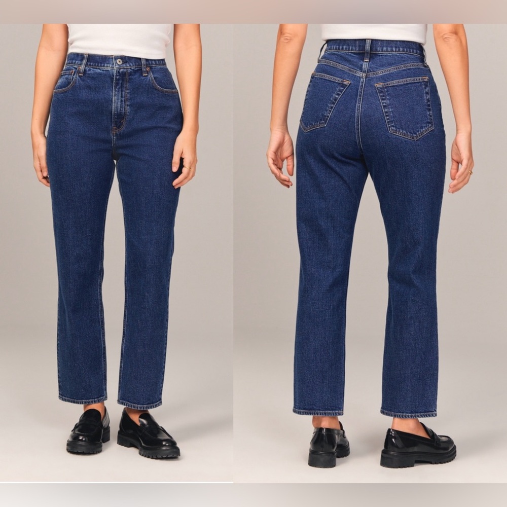 A&F Curve Love Ultra High Rise Ankle Straight Jean Dark Blue 28
